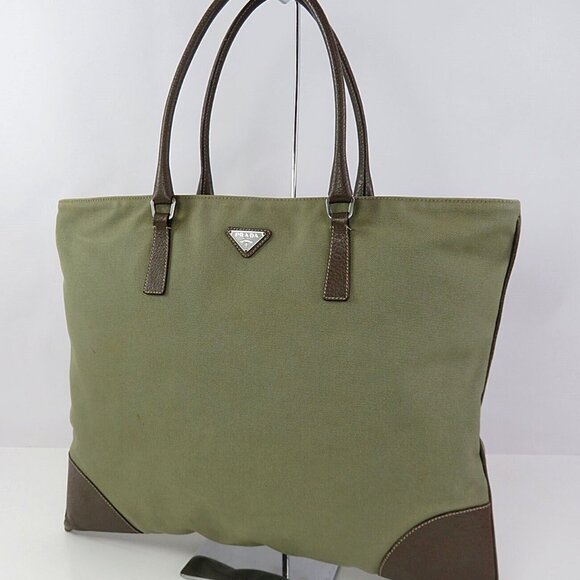 Auth PRADA Green Canvas and Brown Leather Tote Bag Purse #58885 - Picture 1 of 11